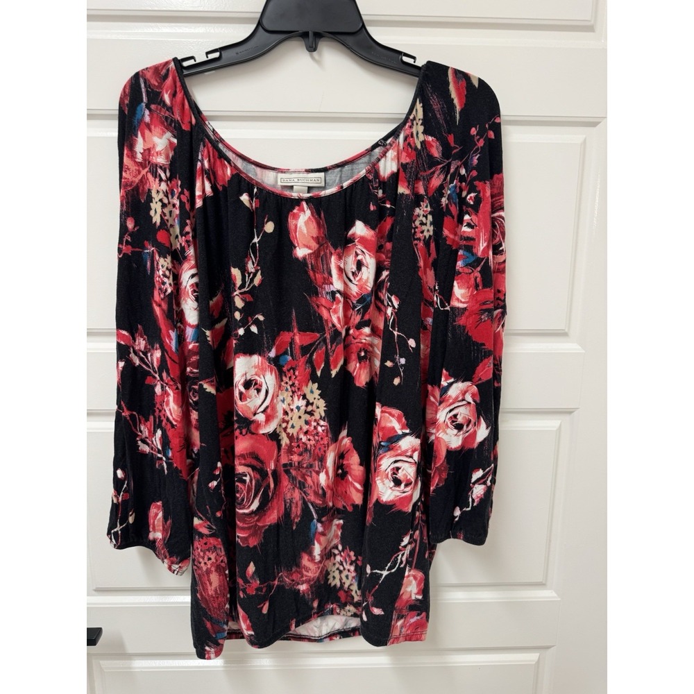 Dana Buchman Pink Floral Print Blouse Elastic Waist Wrist Top XL